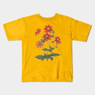 Red Dahlias Flowers Vintage Botanical Illustration Kids T-Shirt